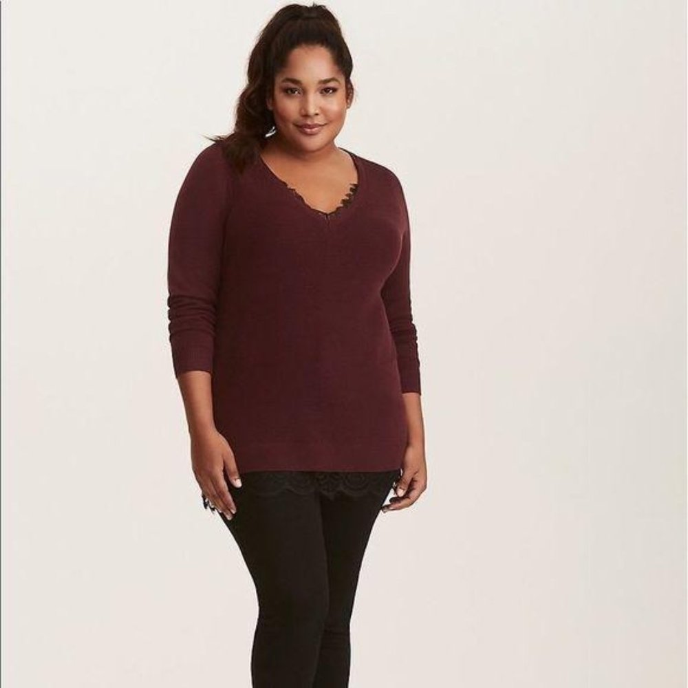 Lace Trimmed Ribbed Knit Sweater
